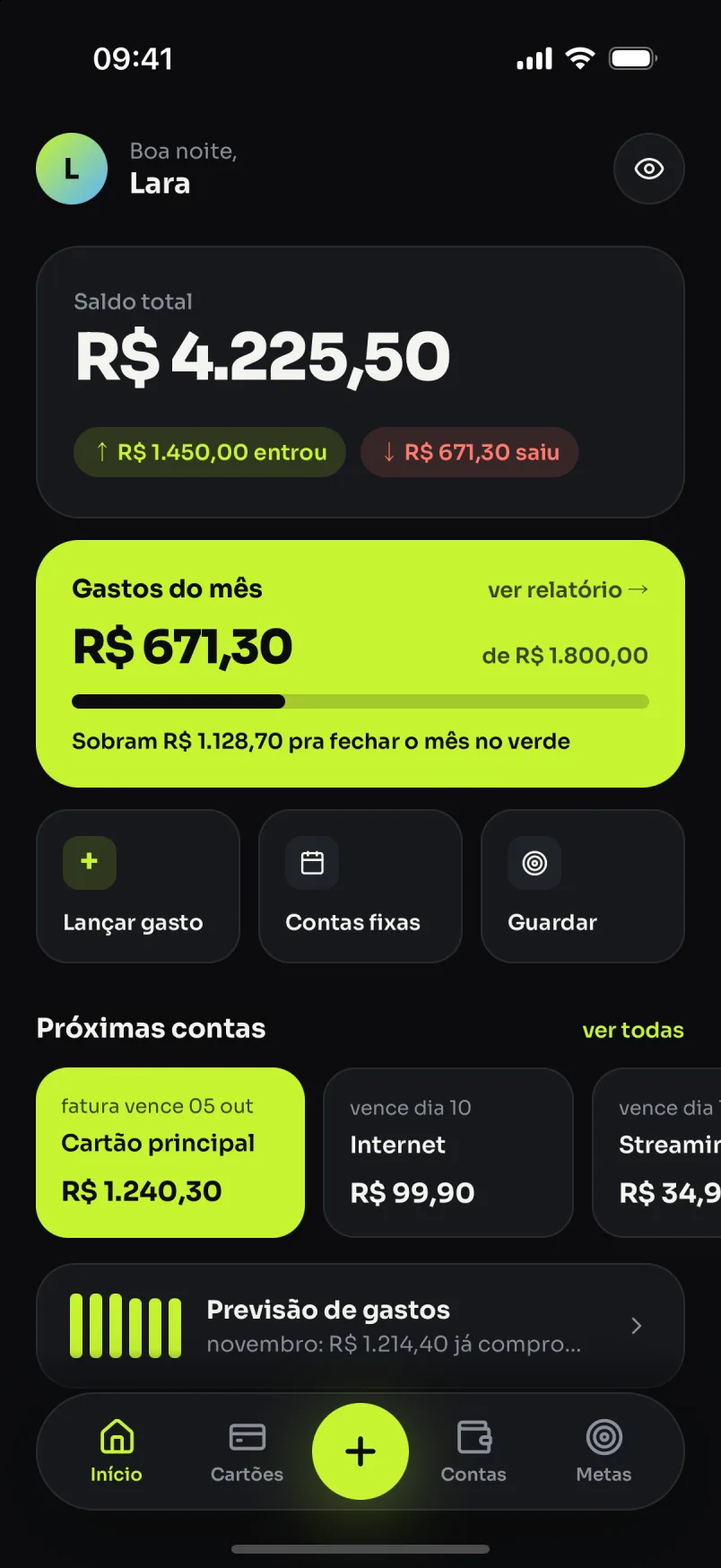 Tela inicial do Kash com saldo total de R$ 4.225,50, gastos do mês e próximas contas